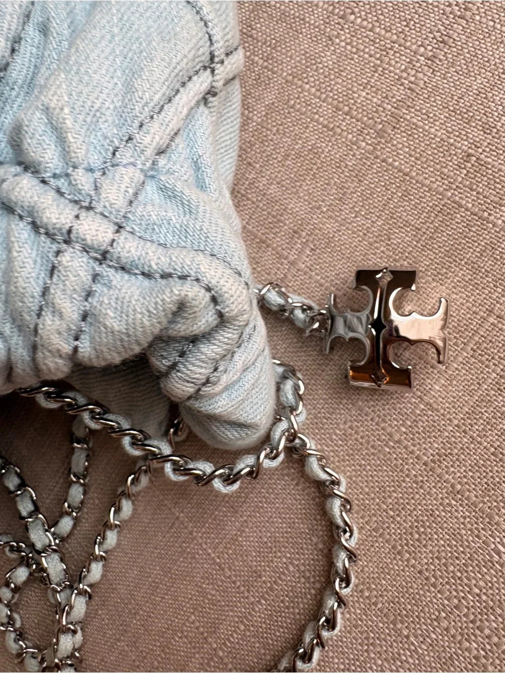 Tory Burch Light Blue Quilted Drawstring Shoulder Bag with Chain Strap- Like New - Picture 6 of 7